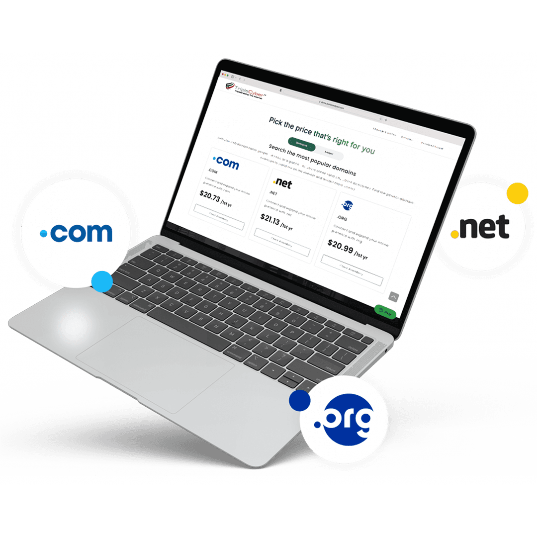 Domain registration with .com, .net, and .org extensions on laptop
