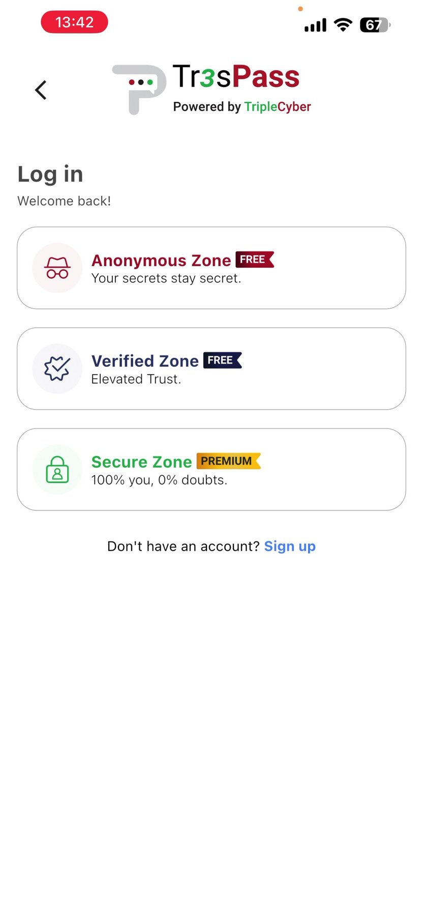 Zone selection screen showing Anonymous, Verified, and Secure options