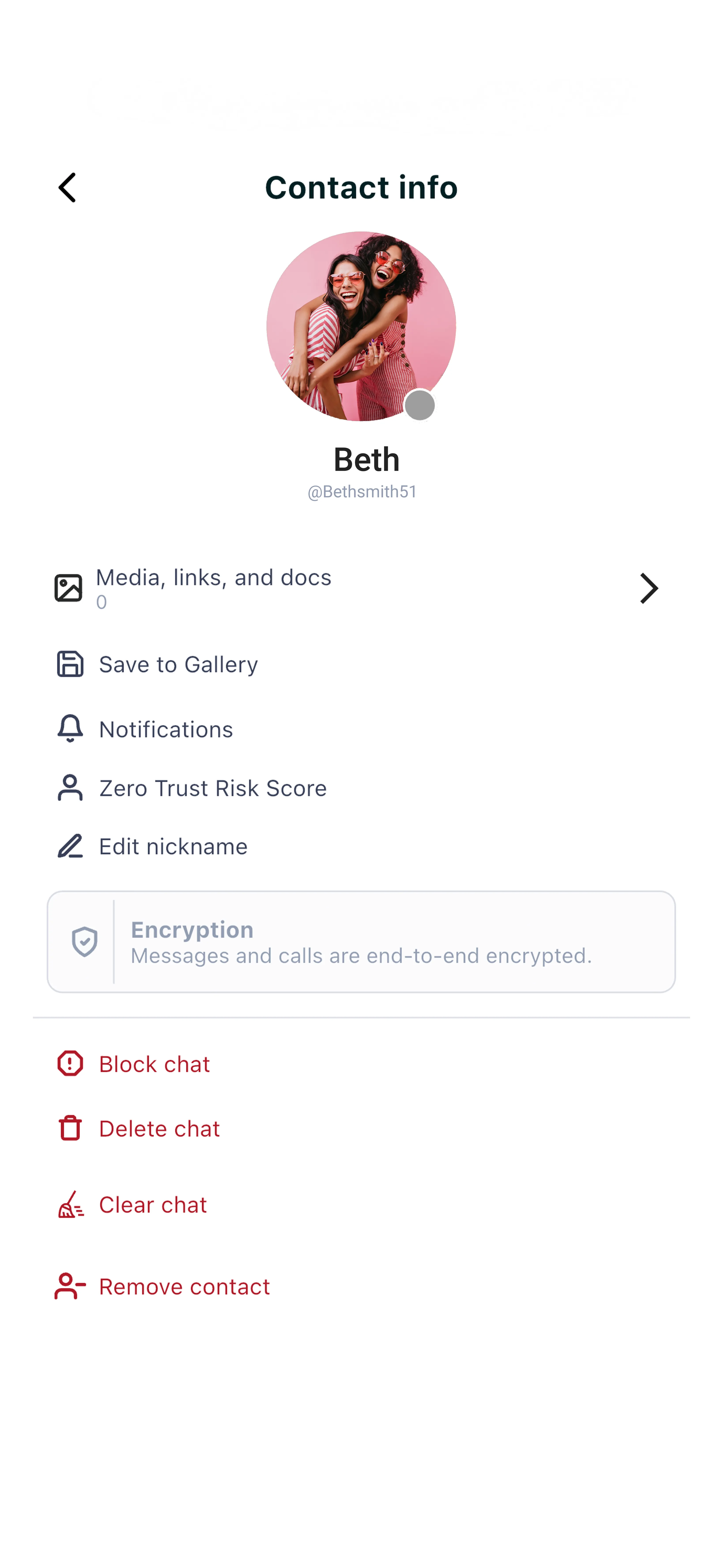 Contact info screen showing menu options including Zero Trust Risk Score