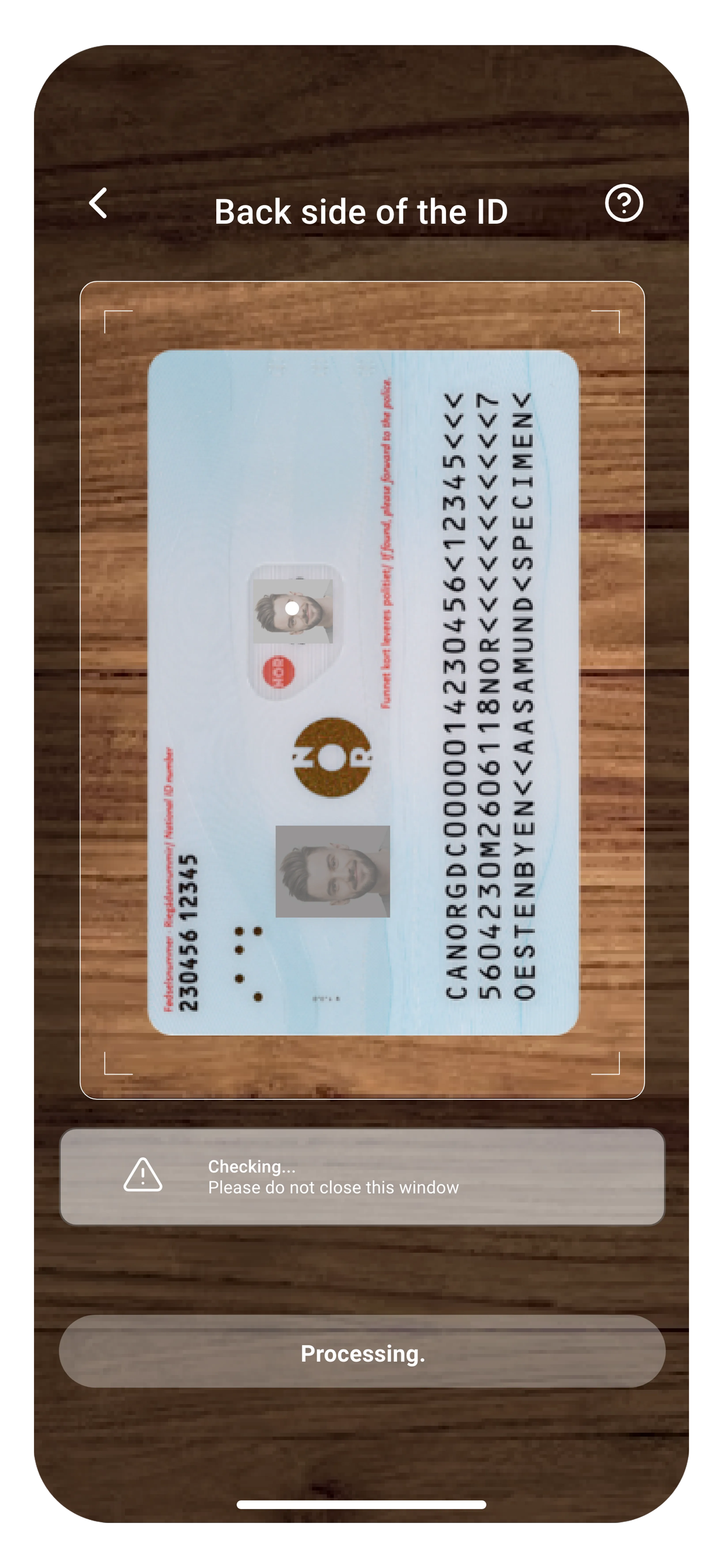 Camera capture screen processing back side of government ID