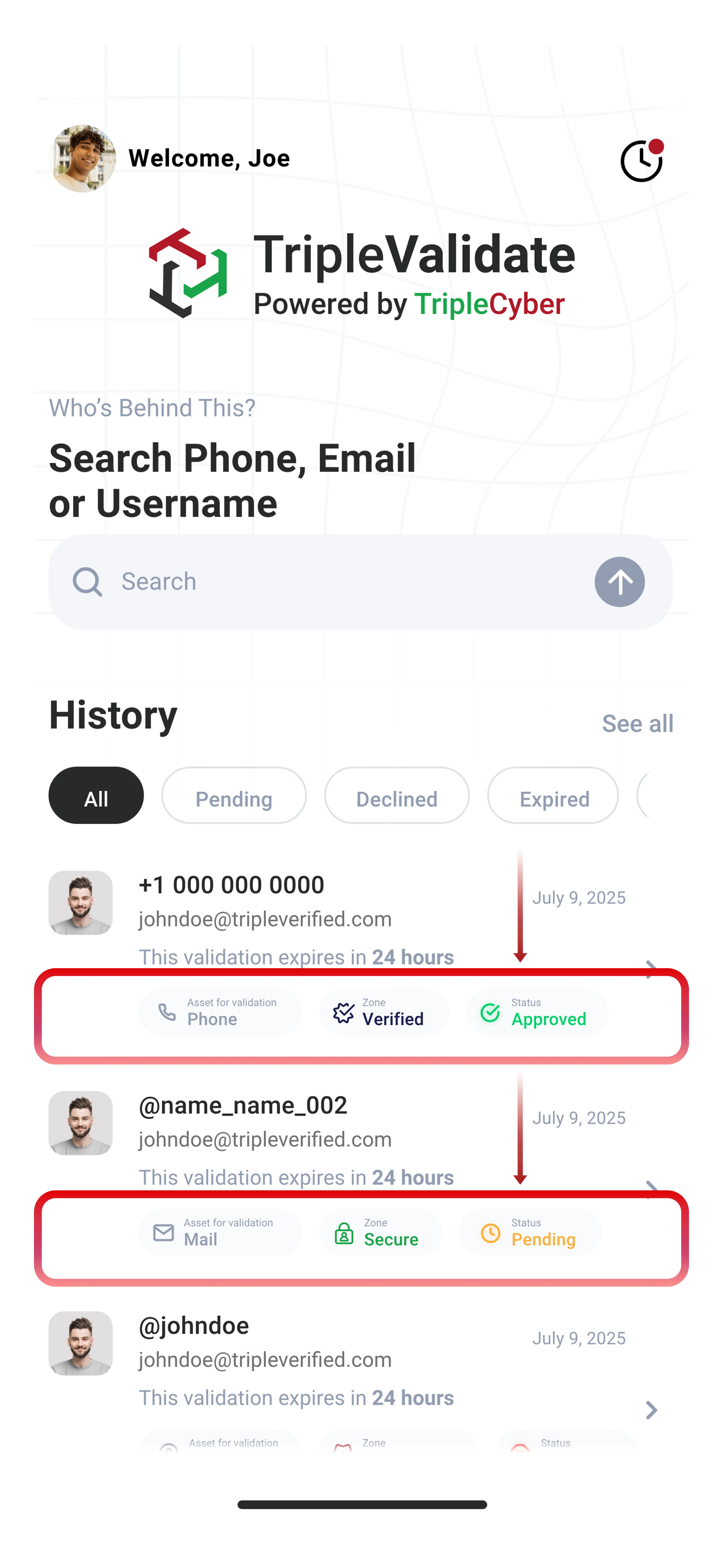 Validation request sent confirmation